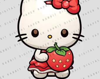 Kawaii Kitty with Strawberry 01 | SVG & PNG | 300 dpi | High Quality | Digital File for Crafting
