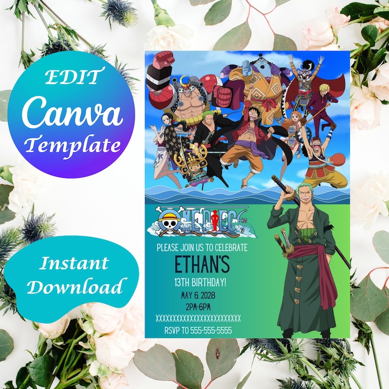 Editable Birthday Invitation Template One Piece Anime Zoro Etsy