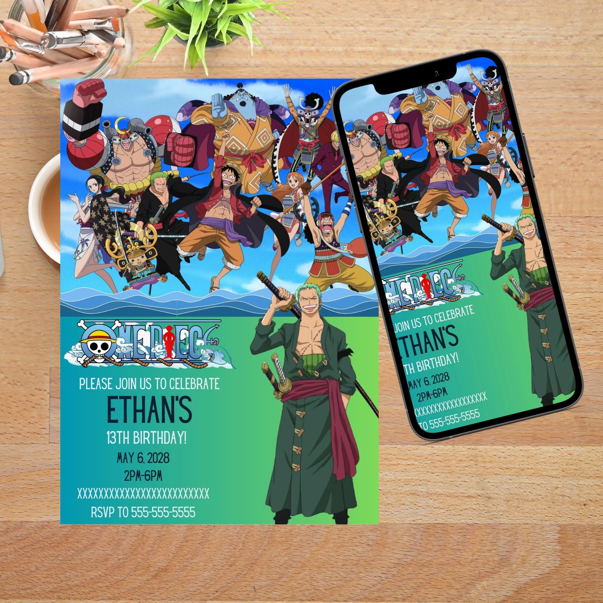 Editable Birthday Invitation Template One Piece Anime Zoro Etsy