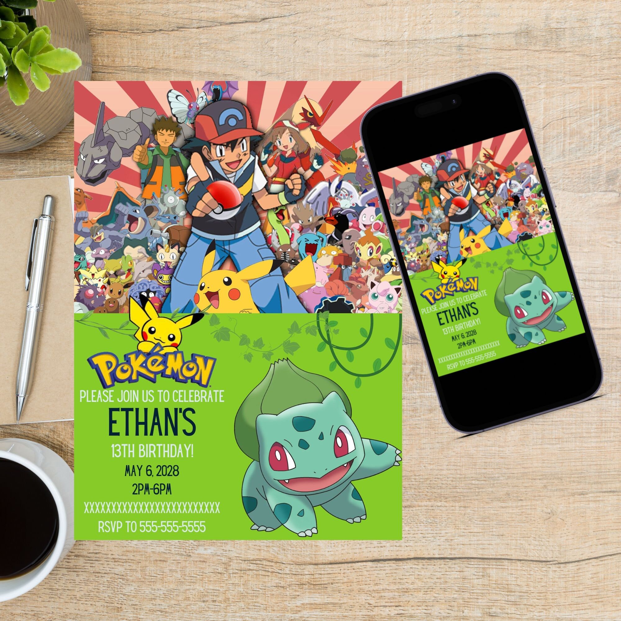 Editable Birthday Invitation Template Pokemon Bulbasaur Etsy