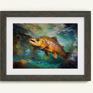 以下が含まれることがあります： 小川で泳ぐブラウントラウトを描いた絵画。魚は、リアルなスタイルで、鱗やヒレが細かく描かれている。水は、鮮やかな青緑色で、白いしぶきが飛んでいる。背景は、緑、青、茶色のぼやけた抽象画である。