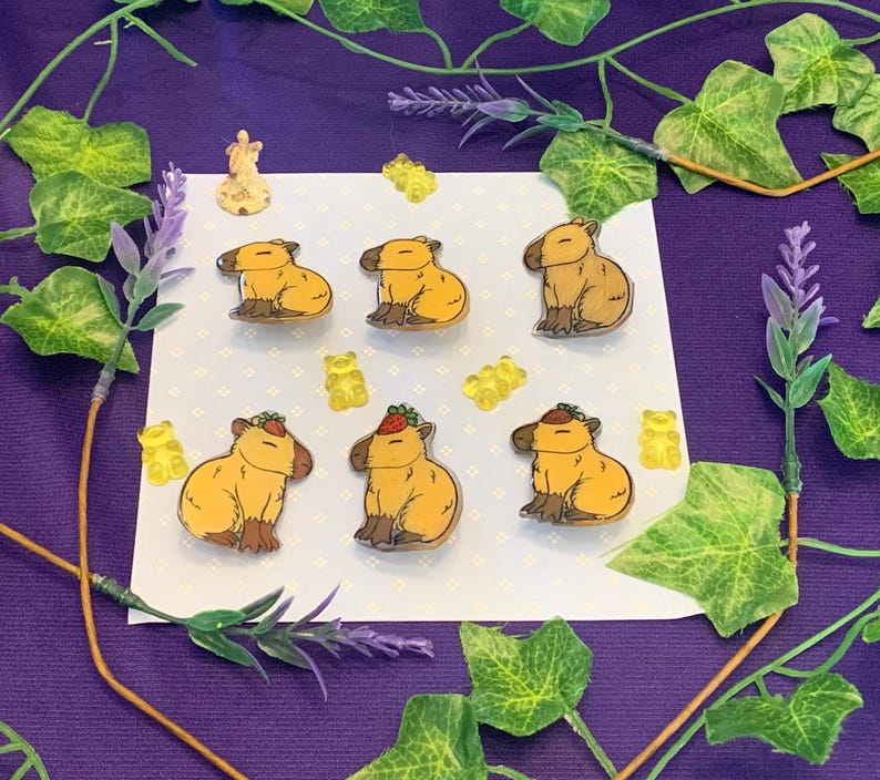 Capybara | With or Without Strawberry | Handmade Resin Pin Badges | - Etsy