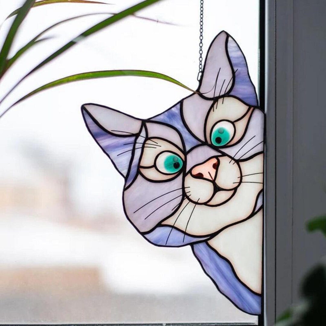 Peeking Cat Stained Glass Cat Stain Glass Window Hangings Etsy