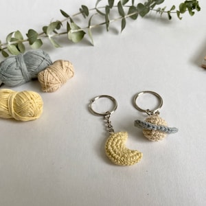 PATTERN: Moon and Saturn Keychain | Crochet Moon and Saturn | Handmade Bestie Keychain | Amigurumi Moon and Saturn | Crochet Gifts Keychain