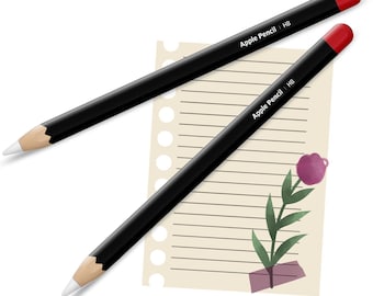 May include: Two black Apple Pencils with red tips and white tips, resting on a lined paper with a purple flower illustration. The pencils are labeled "Apple Pencil HB". The paper is taped to the surface.