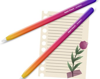 May include: Two gradient Apple Pencils, transitioning from yellow to orange, pink, and purple. The pencils are positioned over a notepad with a floral illustration and the text "Apple Pencil | Gradient".