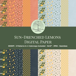 Peut inclure: Ensemble de papiers numériques avec des motifs sur le thème des citrons dans différentes couleurs. Les motifs comprennent des citrons, des pois et des éléments floraux. Le texte "SUN-DRENCHED LEMONS DIGITAL PAPER" est affiché. Le papier mesure 30.48 cm x 30.48 cm.