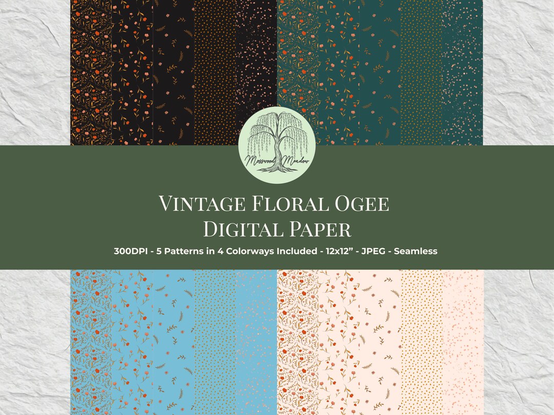 Vintage Floral Ogee Digital Paper Pack, Seamless Botanical Pattern ...