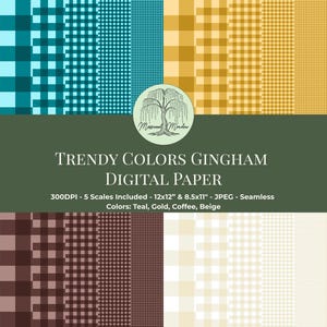 Gingham Digital Paper Pack, Checkered Seamless Pattern, Plaid Scrapbook Paper, Teal Gold Coffee Beige Basic Craft Background File