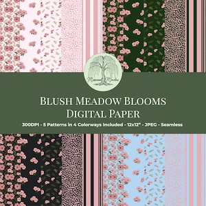 Papier numérique floral sans couture, fleurs des prés blush, motif botanique à usage commercial, arrière-plan pour sublimation, conception d'emballage