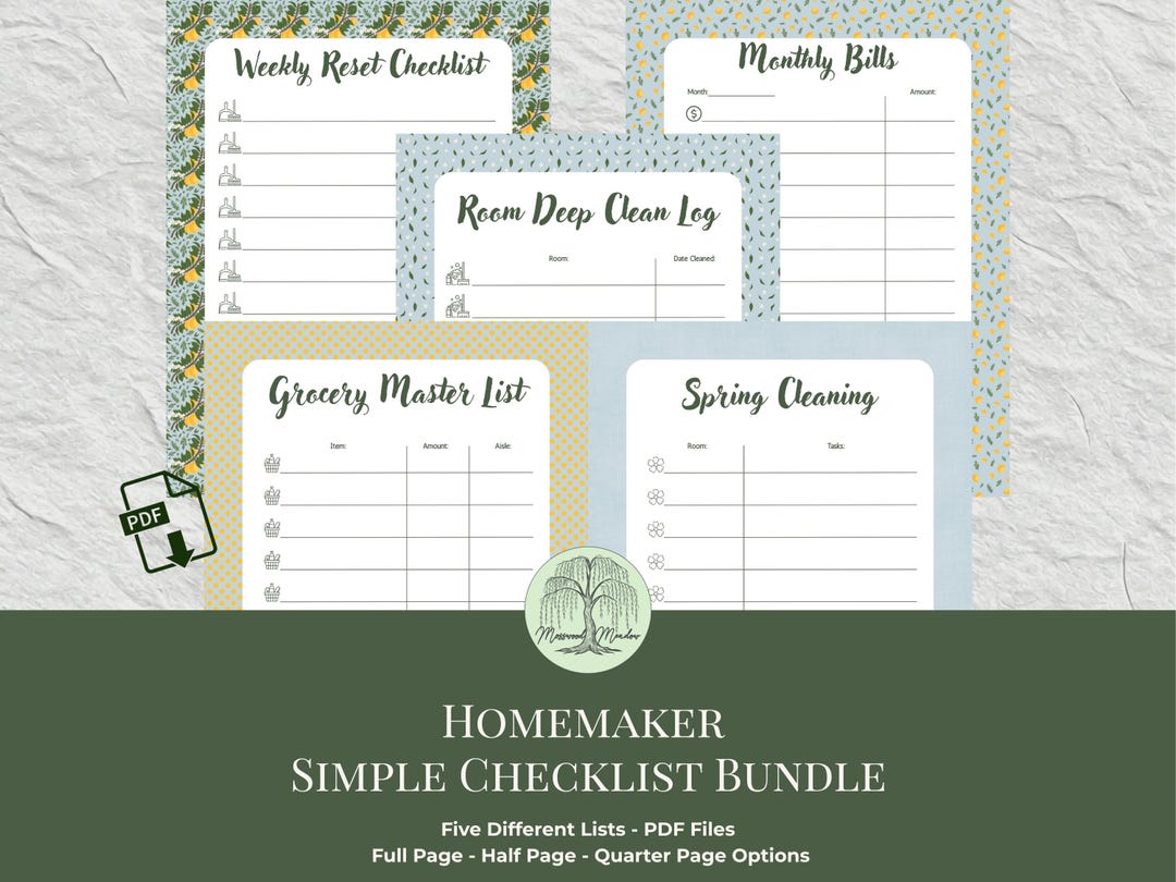 Printable Checklist for Homemakers, Home Management Planner Bundle ...