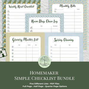 May include: A bundle of five printable PDF checklists for home organization. Includes lists for weekly resets, monthly bills, room deep cleaning, grocery shopping, and spring cleaning. The design features floral patterns and a green and white color scheme.