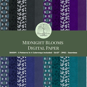 Peut inclure: Plusieurs motifs de papier numérique dans des tons de bleu, violet et blanc, avec des motifs floraux et à pois. Le texte "MIDNIGHT BLOOMS DIGITAL PAPER" est affiché, ainsi que des détails sur les motifs, y compris la taille de 30.48cm x 30.48cm.