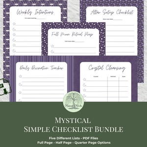 May include: A collection of printable checklists with a mystical theme. The checklists include "Weekly Intentions," "Altar Setup Checklist," "Full Moon Ritual Prep," "Daily Divination Tracker," and "Crystal Cleansing." Each checklist has a purple border and star and moon graphics.
