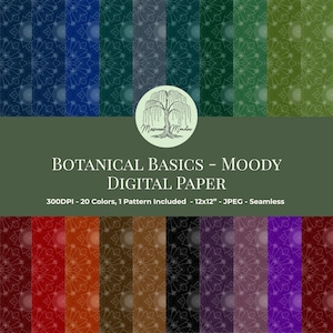 Moody Botanical Basics Digital Paper, Dark Floral Seamless Pattern, Jewel Tone Scrapbook Background, Gothic Hand Drawn Art File