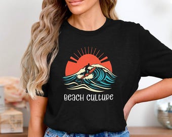 Vintage surfer-shirt met print: retro surfplankshirt, Ocean Wave Beach-T-shirt voor surfliefhebbers