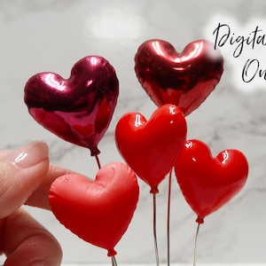 May include: Five red heart-shaped balloons on sticks. The balloons are shiny and have a metallic finish. The balloons are arranged in a bouquet.