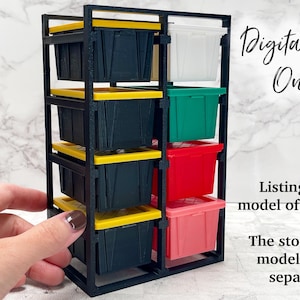 Può includere: Un portabiancheria nero con più contenitori colorati. Il portabiancheria ha una struttura rettangolare e ripiani. I contenitori sono di vari colori, tra cui nero, giallo, bianco, verde, rosso e rosa. Il testo "Digital File Only" è visibile.