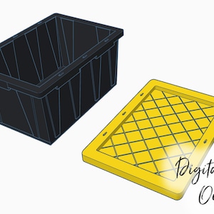 May include: A black plastic storage bin with a yellow lid featuring a diamond-shaped grid pattern. The lid has the text "Digital File Only" printed on it.