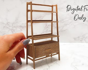 May include: A miniature wooden shelf unit with four shelves and a drawer. The shelf unit is made of light brown wood and has a rustic look. The shelf unit is a digital file only.