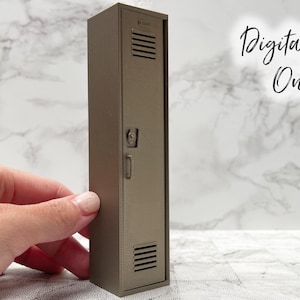 May include: A small, rectangular, olive-green locker with a door, handle, and ventilation slots. The words "Digital File Only" are written in cursive script. The locker is displayed on a marble-patterned surface.