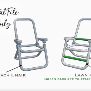 May include: Digital file only. Two metal folding chairs, one labeled "Beach Chair" and the other labeled "Lawn Chair". The lawn chair has green bars for attaching weaving.