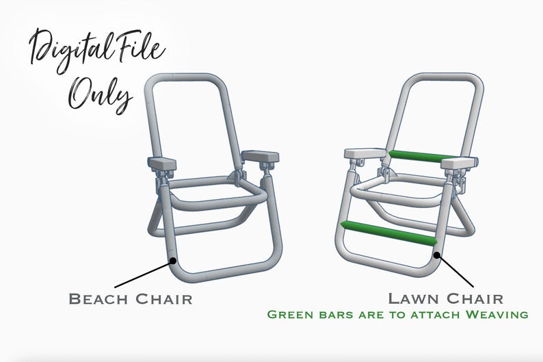 May include: Digital file only. Two metal folding chairs, one labeled "Beach Chair" and the other labeled "Lawn Chair". The lawn chair has green bars for attaching weaving.