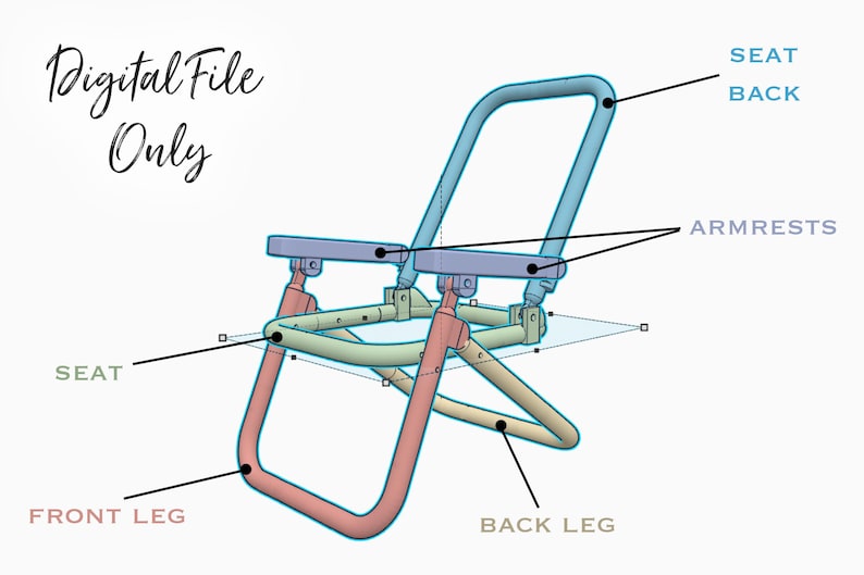 May include: A 3D model of a folding chair with a blue seat back, gray armrests, and a beige seat. The chair has a red front leg and a beige back leg.