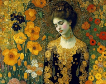 May include: A woman in a black dress with gold embroidery sits in a field of yellow flowers. The dress is covered in intricate patterns of swirling gold circles. The woman's hair is pulled back and she is wearing a necklace and earrings.