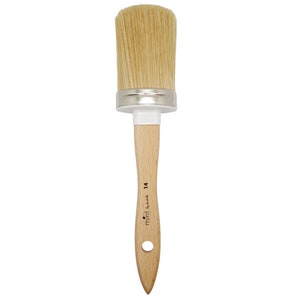 May include: A wooden-handled paint brush with natural bristles and a white metal band. The brush is labeled "mint by mule" and "14".