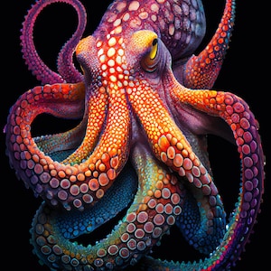 May include: A vibrant, multi-coloured octopus with a textured, spotted skin. The octopus has eight tentacles and is posed with its head and tentacles curled in a spiral shape.