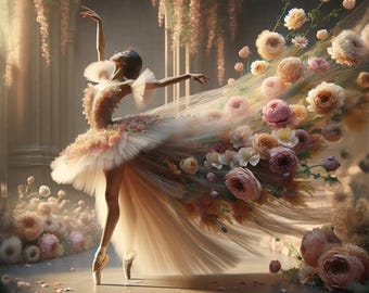 May include: A ballerina wearing a white tulle dress adorned with pink and peach flowers, performing a graceful pose in a studio setting.