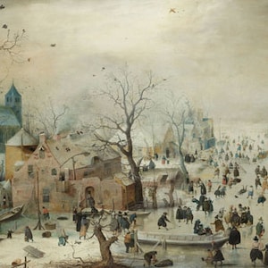 May include: A painting depicting a winter scene with people ice skating on a frozen canal. The scene is set in a Dutch village with buildings and trees in the background. The sky is overcast and the snow is falling.