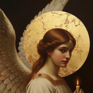 Può includere: Ritratto di un angelo sereno con capelli rossi, aureola dorata e ali piumate. L'angelo indossa un abito bianco e tiene in mano una candela accesa. Lo sfondo scuro mette in risalto i lineamenti dell'angelo e il caldo bagliore della candela.