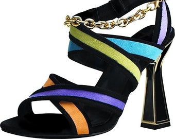 Premium Colorful Heels for Women - Multicolor Strappy Heels for Women - Crisscross Square Heels with Chain Strap Womens Heels Party Shoes