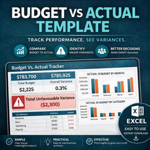 Może przedstawiać: Niebiesko-zielony i biały wykres zatytułowany "Budget vs Actual Template" z wizualizacjami danych finansowych. Obraz zawiera wykresy, tabele i tekst "Excel, Easy to Use, Instant Download."