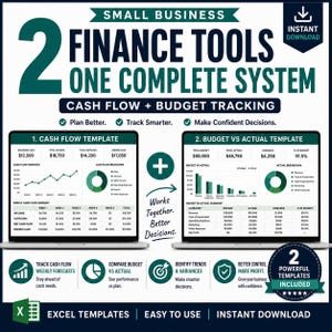 May include: Digital graphic advertising small business finance tools. Two laptops display cash flow and budget templates. Text includes "Finance Tools, One Complete System" and "Instant Download".