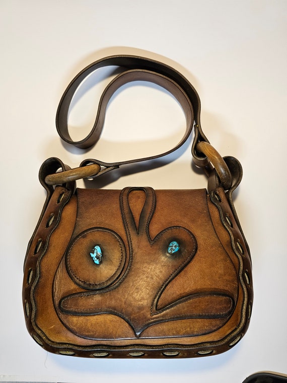 1970's Leather Handbag, Hippie Tooled Leather Purs