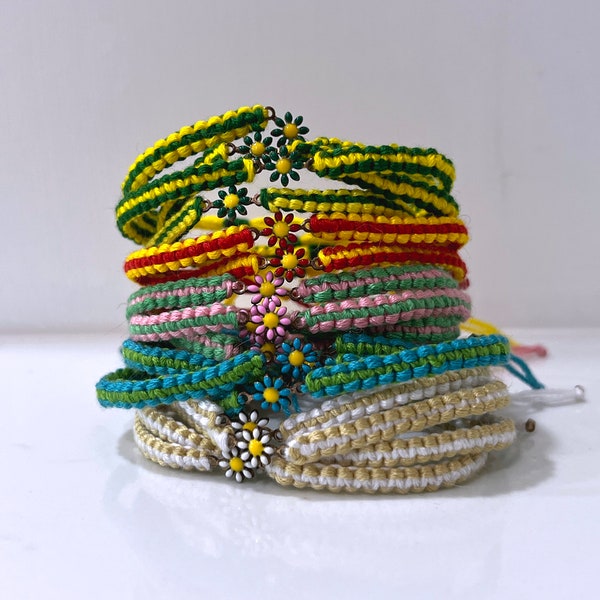 Reversible Two Color Flower Charm Bracelet, Paracord Style Embroidery Thread Bracelet