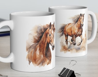 Horse Portrait Mug: Ceramic Coffee Cup, Running Horse Design (11oz)