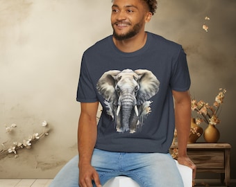 May include: A navy blue t-shirt with a watercolor illustration of an elephant's face. The elephant has large ears and a long trunk.
