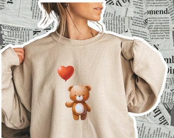Teddy Bear Sweatshirt, Cute Bear Sweater, Bear Gifts Idea, Bear Lover Sweatshirt, Heart Crew Neck Sweater, Valentines Day Gift, Bear Art