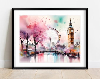 Watercolor Wall Art, London Digital Print, Big Ben Painting, London Photography for Gift or Home Decor