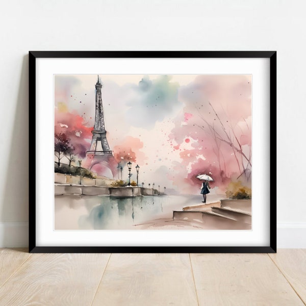 Watercolor Wall Art, Paris Digital Print, Eiffel Tower Poster, Paris Photography, Watercolor Palette for Gift or Home Decor