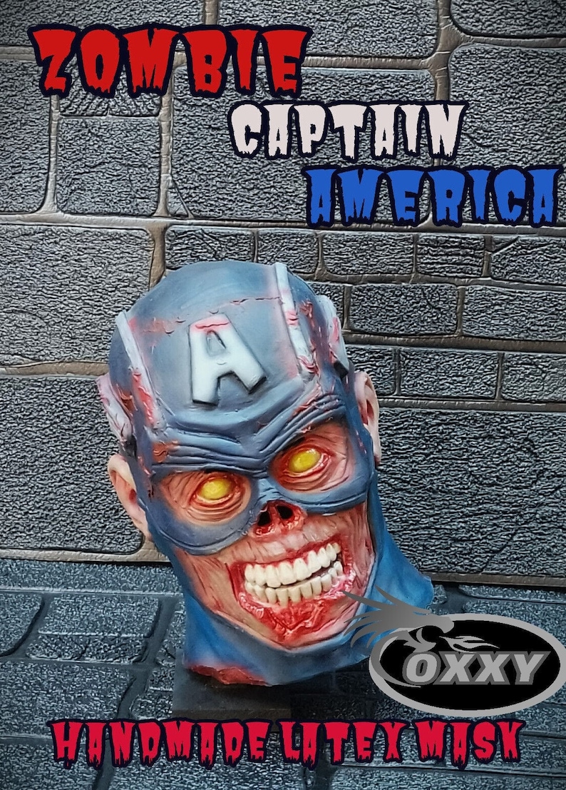 May include: A handmade latex mask of a zombie Captain America. The mask is blue, red, and white with a skull-like face and glowing yellow eyes. The mask is labeled "Zombie Captain America" and "Handmade Latex Mask".