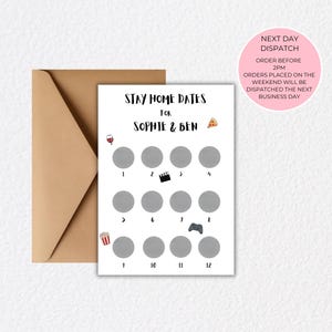 May include: A white card with the text "STAY HOME DATES FOR SOPHIE & BEN" and twelve scratch-off circles. Includes a brown envelope and a pink circle with text about next-day dispatch.