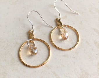 Mixed Metal Hoop Earrings with Crystal Dangle, Sterling Silver Hooks