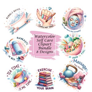 Watercolor Cozy Self Care Clipart Set, Spa Digital Stickers for Relaxation, Selfcare Affirmation PNG Files, Planner Graphics, Soft Aesthetic