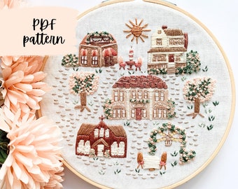 PDF Embroidery Pattern, Serenity Town Embroidery Pattern PDF Digital Download, Village PDF Embroidery with Instructions, Cozy Embroidery Pdf
