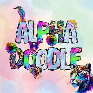 Neon Nostalgie Doodle, Neon 90er Jahre Doodle Alpha Pack, Funky Retro Regenbogen Buchstaben PNG - Digital Download für Sublimation, Scrapbooking & Kunsthandwerk